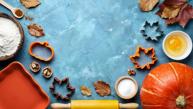 Pumpkin autumn baking ingredients gingerbread cookie cutters rolling pin spices leaves