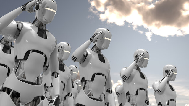 Group of white humanoid robots synchronizing thoughts in collective intelligence