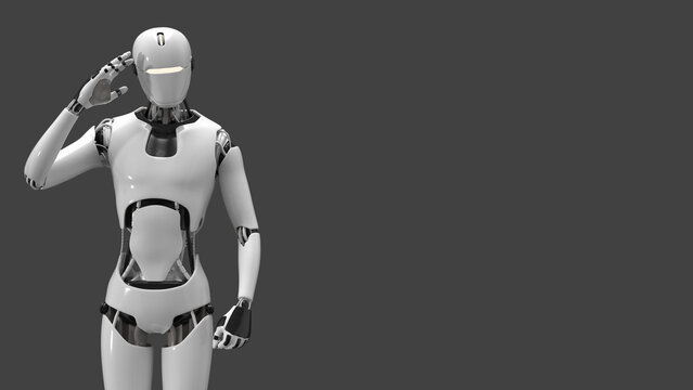 White humanoid robot touching its head in a thinking and computing pose