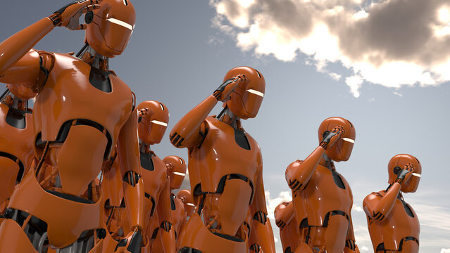 Group of orange humanoid robots thinking and synchronizing data