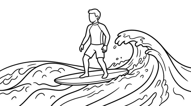 Black and white line art illustration of a man surfing on a large ocean wave