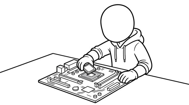 Line art illustration of a person installing a CPU processor on a computer motherboard