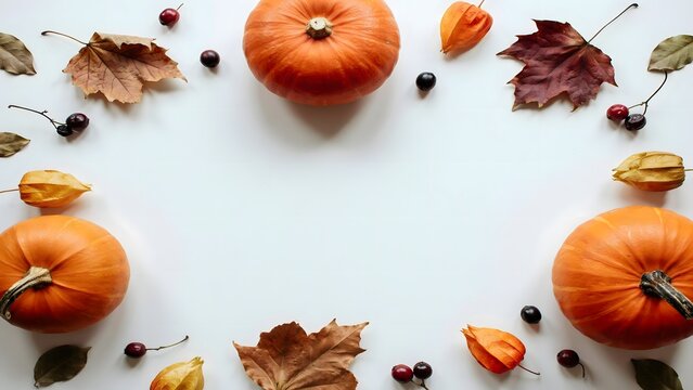 Pumpkins autumn leaves berries decorative arrangement flat lay seasonal harvest