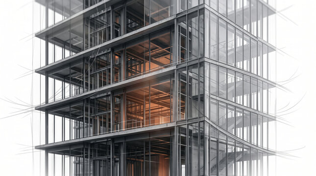 Glass and steel building framework revealing layered floors and exposed structure, blending architectural planning, structural engineering, commercial real estate, and urban development