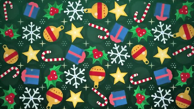 Seamless Christmas Holiday Pattern with Festive Ornaments and Snowflakes on a Deep Green Background for Seasonal Wrapping Paper Design