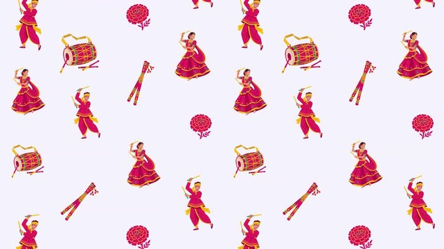 Seamless scrolling background animation of Indian traditional dandiya dancer and dhol drum