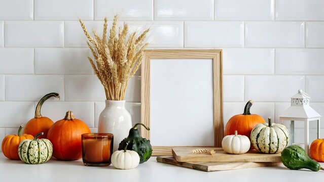 Autumn pumpkins and gourds with wheat in a white modern setting for fall decor or Thanksgiving