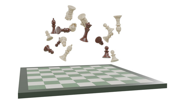 A dynamic 3D render of chess pieces in motion above a chessboard, showcasing the excitement of a strategic game.
