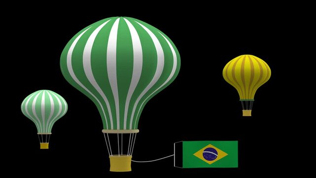 Three colorful hot air balloons in green and yellow with a brazilian flag box on a black background