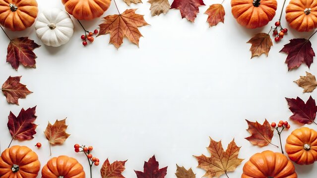 Pumpkins and autumn leaves decorative frame on white background