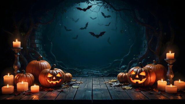 Halloween pumpkins with lit candles on dark spooky forest background for seasonal celebration