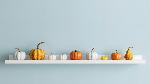 Miniature pumpkins and gourds with cinnamon sticks arranged on white shelf against light blue background autumn