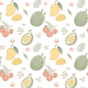 thai tropical fruits seamless pattern mango durian rambutan soft illustration