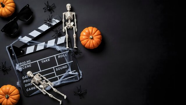 Skeleton figures with clapperboard and pumpkins Halloween film set flat lay