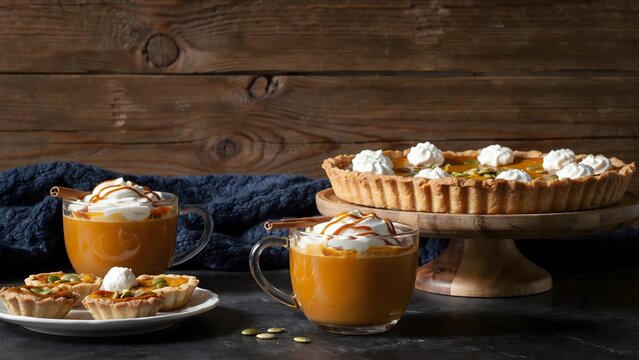 Pumpkin pie with whipped cream and pumpkin spice latte on rustic wooden table