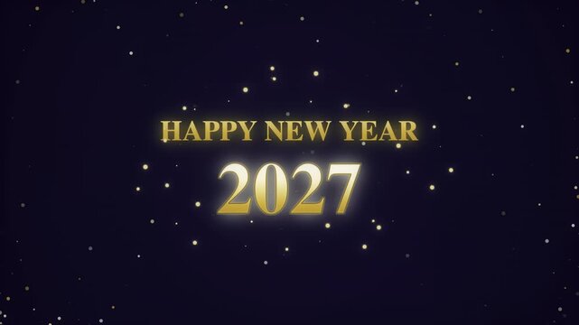 Golden clock gear rotates during midnight countdown revealing Happy New Year 2027 text over glitter background, representing holiday party celebration, luxury seasonal event, and festive greeting.