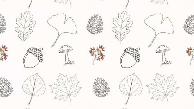 Seamless scrolling background animation of line art autumn leaf and pinecone