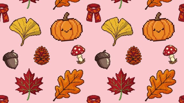 Seamless scrolling background of pixel art autumn leaf pumpkin and mushroom
