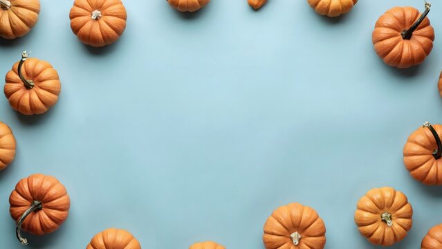 Miniature pumpkins arranged in circular border on light blue background autumn harvest