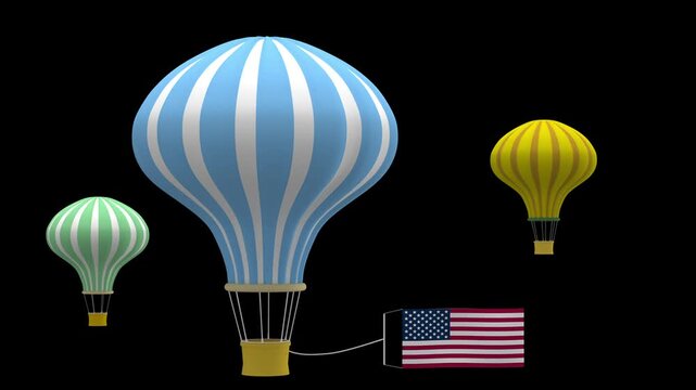 Three colorful hot air balloons with an american flag box on a black background