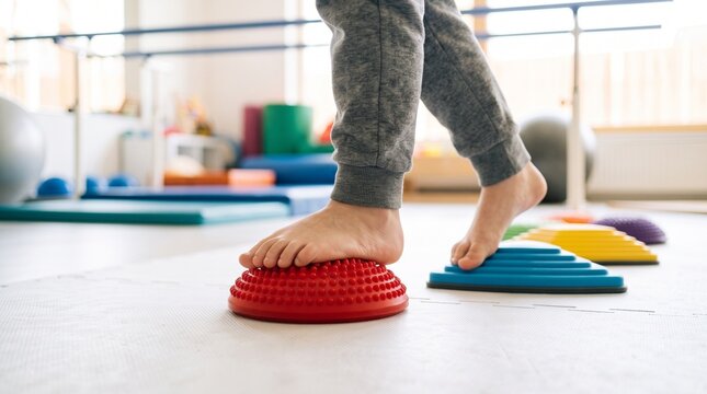 Child walking barefoot on colorful sensory balance stones in a physical therapy clinic.