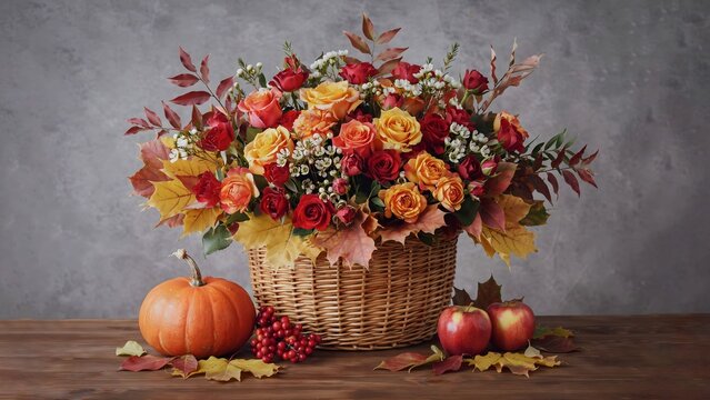 Autumn floral bouquet with pumpkin apples berries leaves in woven basket on rustic table