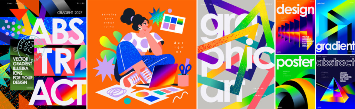 Modern abstract art design. Vector illustrations of gradients, female designer, artist character working on a laptop, geometric shapes for poster, background, magazine or contemporary branding