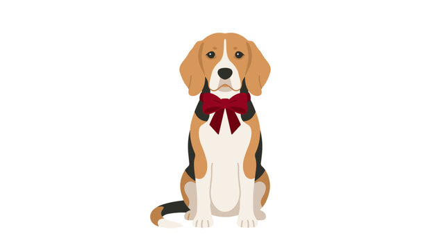 Flat vector illustration of a cute beagle dog sitting down and wearing a festive red bow around its neck, isolated on a white background, perfect for holiday and Christmas designs.