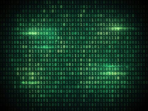 Green digital binary code flowing on a dark screen with bright glowing accents