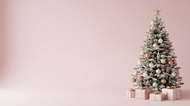 Beautiful decorated christmas tree with gift boxes on a soft pink background