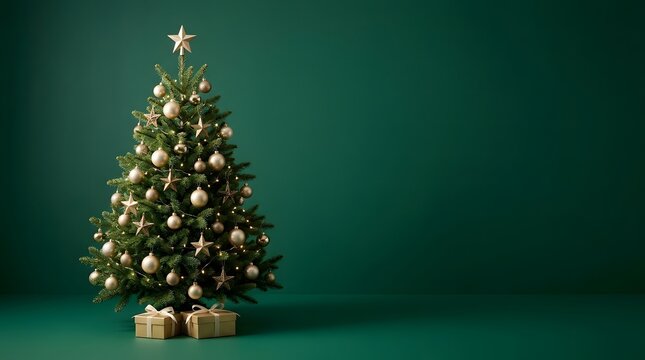 Beautiful decorated christmas tree with golden ornaments isolated on a dark green background