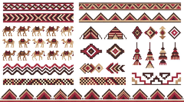 Bedouin Textile Patterns: A collection of traditional Bedouin tribal patterns and motifs, featuring camels, geometric designs, and decorative elements in earth tones.