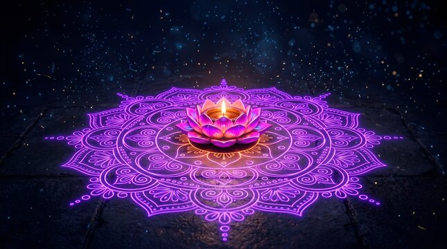 Lotus shaped lamp illuminates a glowing purple mandala pattern drawn on the dark stone floor below.