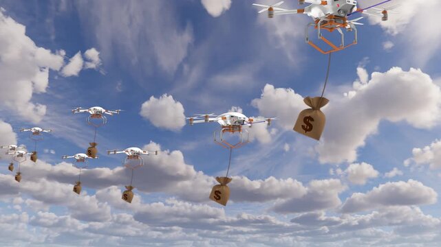 A fleet of autonomous drones carrying money bags with dollar signs flies across a cloudy blue sky.