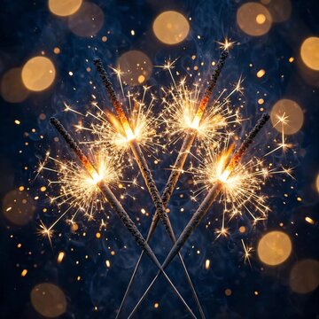Festive burning sparklers with golden sparks, celebratory firework sticks on dark blue background with bokeh lights, holiday party celebration isolated on Transparent Background