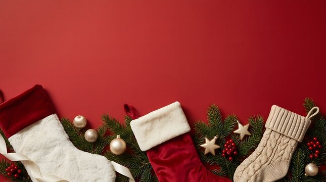 Festive holiday scene featuring traditional red and knitted christmas stockings on red