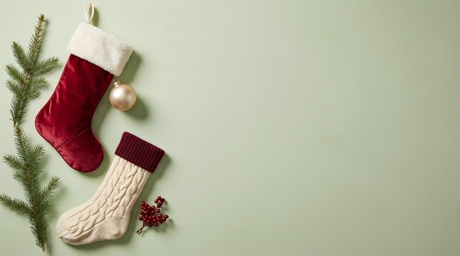 Festive christmas stockings with evergreen branch ready for holiday gift giving and cheer