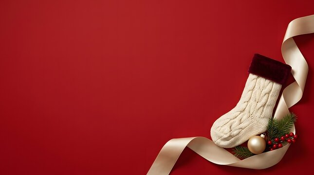 Festive red and white christmas stocking with ribbon on a vibrant red background