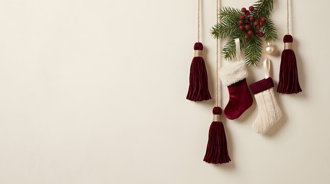 Festive holiday decor a collection of plush christmas stockings hanging with pinecones