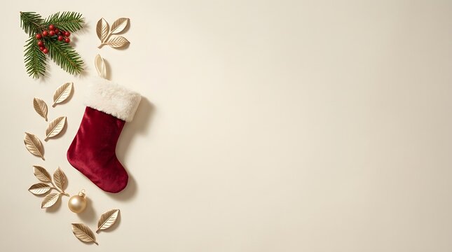 A festive red christmas stocking with pine branches and delicate falling leaves