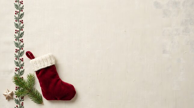 Festive red christmas stocking with white fur trim ready for holiday gifts and cheer