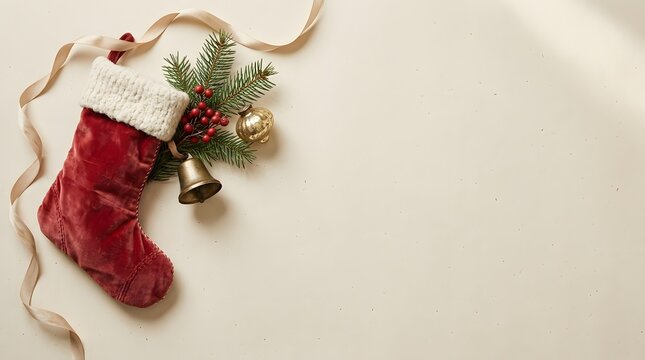 Festive christmas stocking with evergreen decor and golden bell holiday season