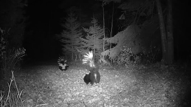 Infrared trail camera footage captures three striped skunks foraging together along a forest trail at night, searching the ground for food during their natural nocturnal activity.