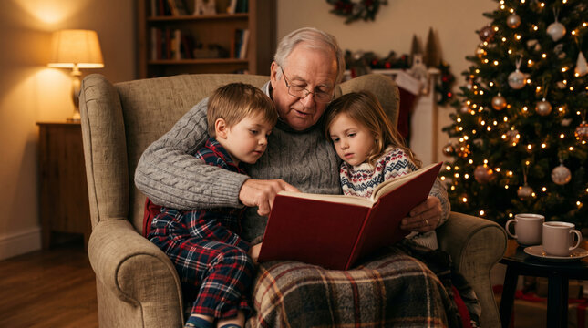 Grandfather reads a storybook to his grandchildren by a Christmas tree in a cozy living room