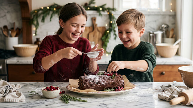Joyful siblings decorating a chocolate Yule log cake with powdered sugar and cranberries for Christmas in a festive kitchen