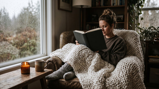 Woman reading a book under a chunky knit blanket by a rainy window cozy home atmosphere