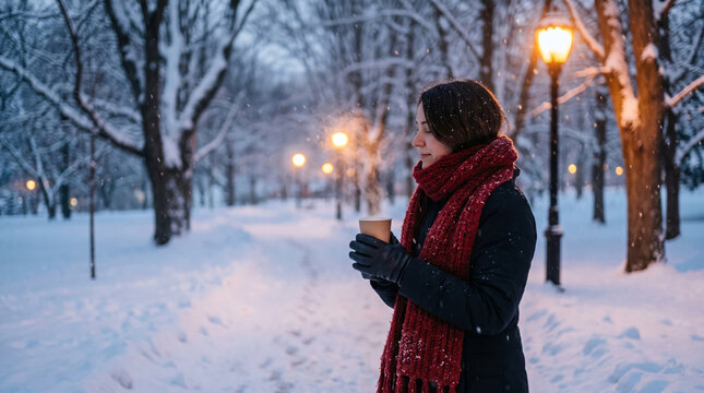 Woman holding warm drink in snowy park with glowing lanterns and falling snow