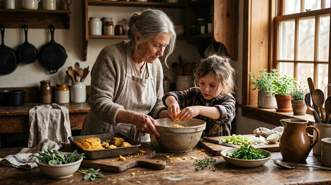 Grandmother and child preparing food together in a rustic kitchen, sharing a moment of bonding and learning