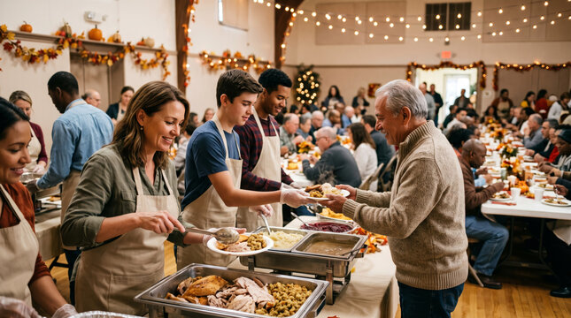 Volunteers serve Thanksgiving dinner to community members at a long table laden with food