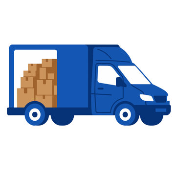 Blue delivery van loaded with cardboard boxes, commercial shipping cargo truck vector, logistics transport concept isolated PNG with Transparent Background